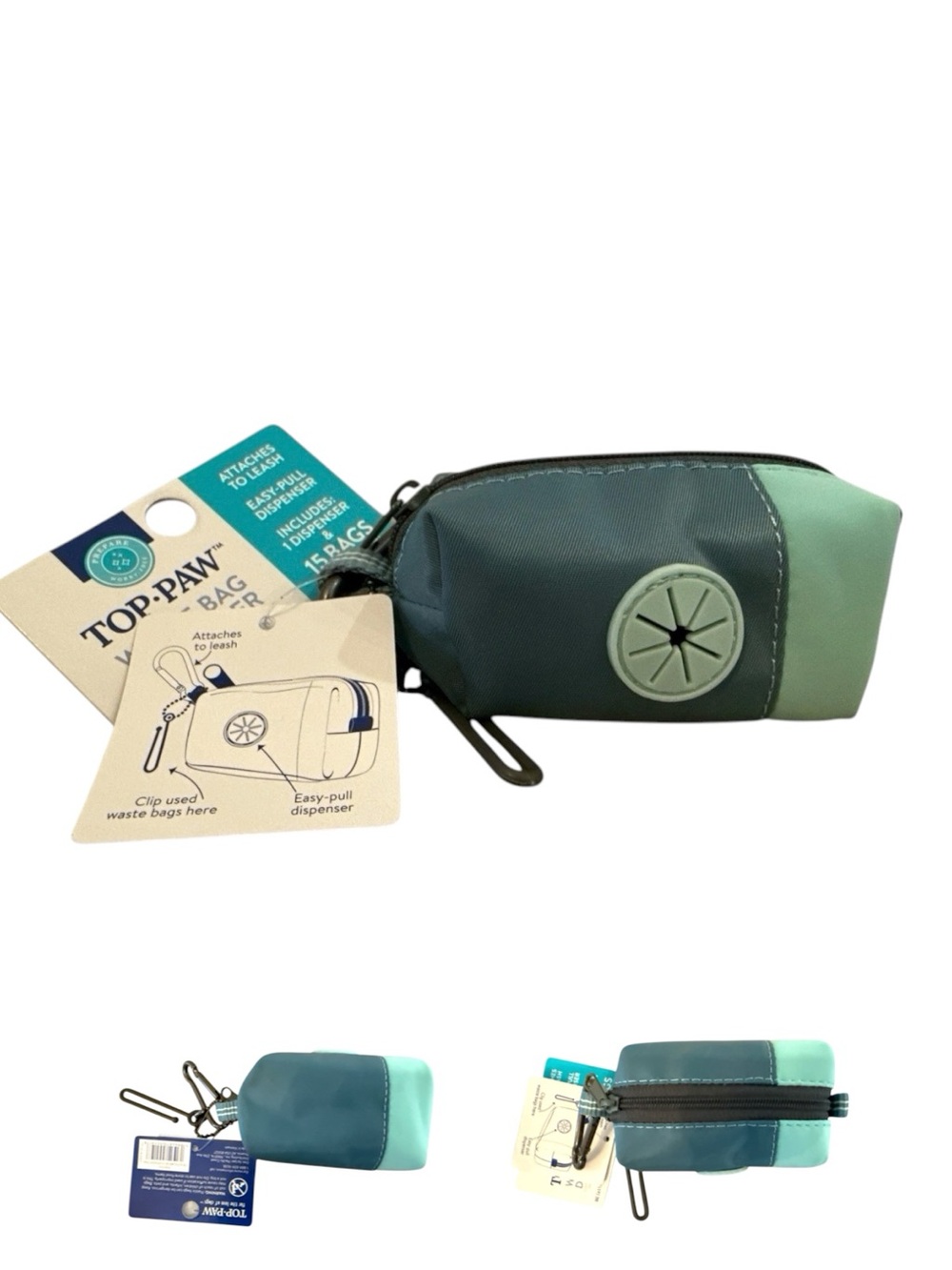 Top Paw Dog Waste Bag Dispenser + 15 Bags Teal Mint Green Attaches To Leash NWT